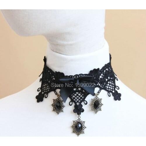 Vintage Antique Necklace Female Neck Wear Byzantine Style Black Lace Collar Ribbon Bowknot Antique Charms Decoration Jewelry