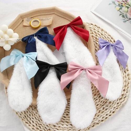 Kawaii Women Girls Hair Clip Cute Rabbit Bunny Plush Lop Ears Hairpin Candy Color Ribbon Bowknot Lolita Cosplay Hair Accessories