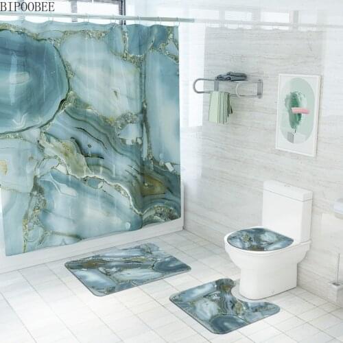 Marble Shower Curtain Set Stripe Printing Bathroom Curtains Mildew Resistant Durable Non Slip Rug Toilet Lid Cover Bath Mat Sets