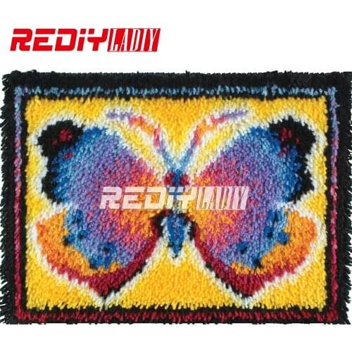DIY Latch Hook Rug Kits Unfinished Crocheting Tapestry 3D Yarn Needlework Cushion Set for Embroidery Carpet Orange Butterfly Mat