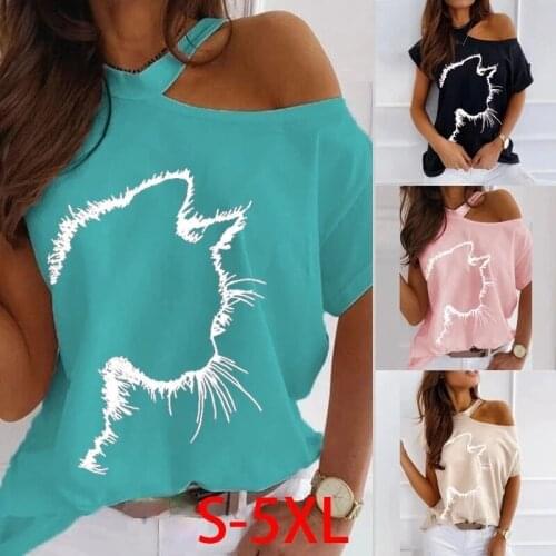 Plus Size Summer New T Shirt Womens Cat Print Short Sleeved Round Neck Loose Top Fashion Sexy Strapless Plus Size Clothing