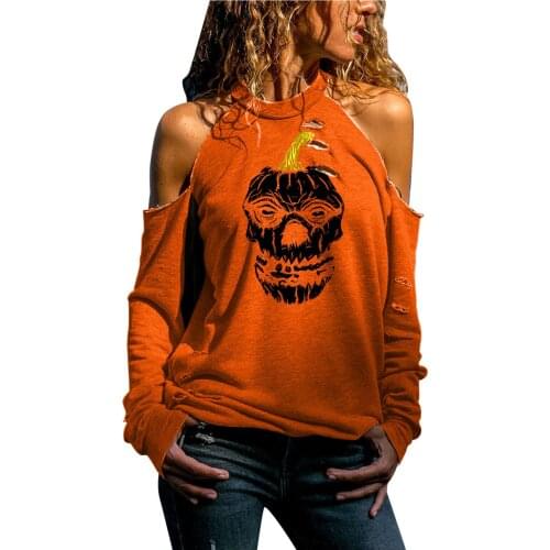 Women Long Sleeve Halloween Skeleton Head Printing T-shirt Casual Off Shoulder Hollow Out Blouse Tops Lovely Girls Shirt