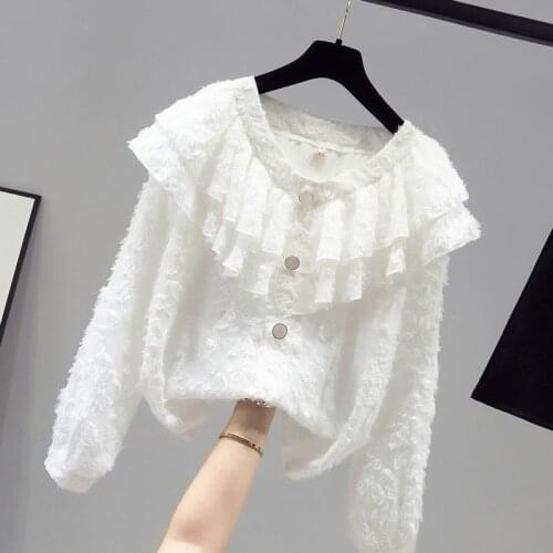 2021 spring and autumn new lace bottoming shirt women chiffon jacquard shirt temperament casual western style top