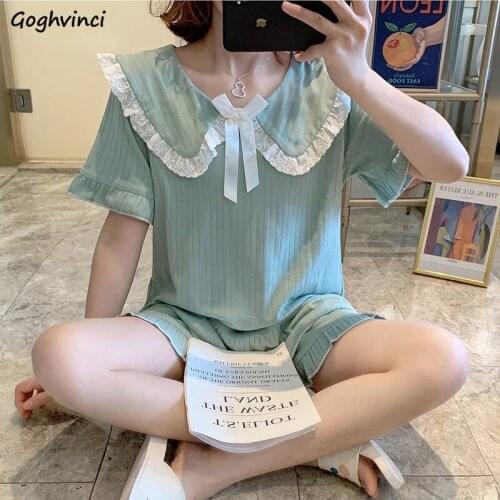 Pajama Sets Women Summer Lovely Solid Comfortable Cotton Korean Style Mujer Leisure Homewear Loose Lounge Chic Popular 2 Pcs Ins