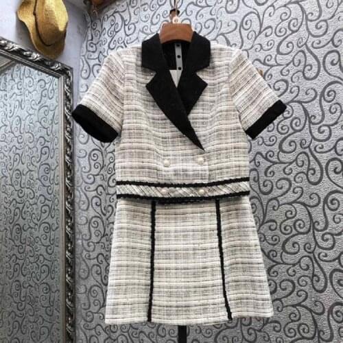 High Quality Wool Sets 2021 Autumn Fashion Skirt Suits Ladies Color Block Turn-down Collar Wool Jackets+Mini Wool Skirt Sets 2pc