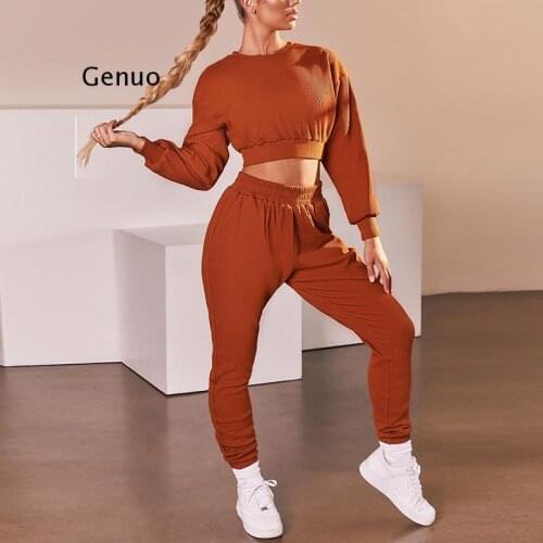 Womens Tracksuit Casual Fashion Long Sleeve Crop Top And Trousers Autumn Winter Sports Suit Two Piece Gym Sportwear