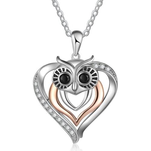 JewelOra New Cute Owl Necklaces for Women Mixed Rose Gold Silver Color Zirconia Heart Pendant Necklace Birthday Gift Jewelry