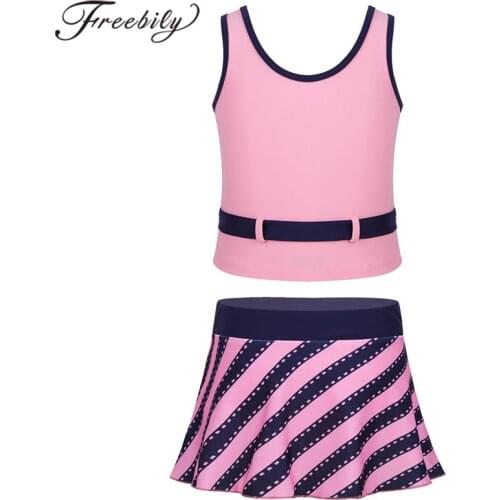 2PCS Kids Girls Tankini Swimwear Swimsuit Swim Tops with Stripe Printed Skirt Beach Wear Childrens Bathing Suit Girls Swimsuits