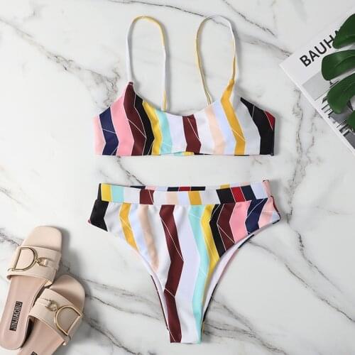 2021 European and American Style Sexy Suspenders bikini Fashion Contrast Color High Waist Split Two-Piece Swimsuit