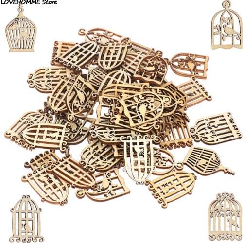 50pcs Vintage Bird Cage Wood Laser Cut Out Natural Wood Pieces Children Handmade Scrapbooking DIY Party Wedding Decoration