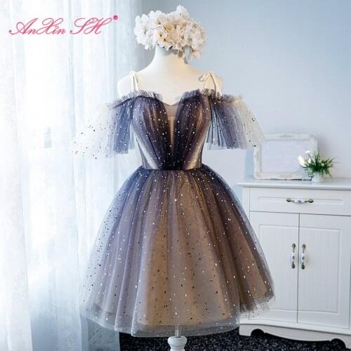 AnXin SH princess deep purple black lace sparkly fashion boat neck illusion beading sequins Bridesmaid Dress little black dress