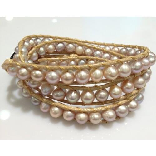Free Shipping Natural Fresh Water Pearl Bracelets 3 Wraps For Women Real Pearls Trendy 6-7MM Nearround