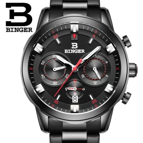 BINGER Sports Chronograph Mens Pilots Wrist Watches Black Steel Watchband Top Luxury Brand Males Quartz Clock Boy Wristwatch