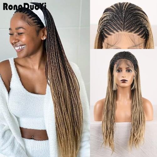 RONGDUOYI Long Braided Box Braids Wig Synthetic Lace Front Wigs for Black Women Ombre Blonde Wig Two Tone Blonded Lace Wigs