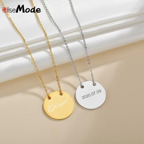 ELSEMODE Personalized Round Circle Pendant For Women Gold Stainless Steel Engrave Name Clavicle Necklace Jewelry Gift