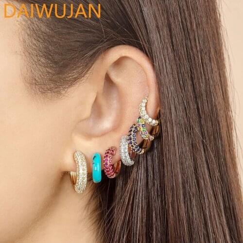 DAIWUJAN Personalized Colorful Zircon Hoop Earrings for Women Gold Color Geometric Circle Earrings 925 Sterling Silver Jewelry