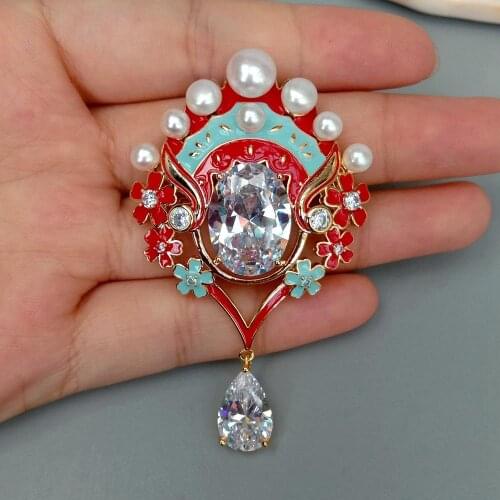 KKGEM Facial Design Of Beijing Opera Brooch Vintage style Natural Enamel Cultured White Freshwater Pearl Cz Pave Brooch