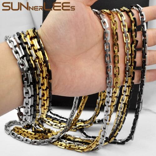 SUNNERLEES Jewelry Stainless Steel Necklace Bracelet Set 6mm Geometric Link Chain Silver Color Gold Plated Men Women SC150 S