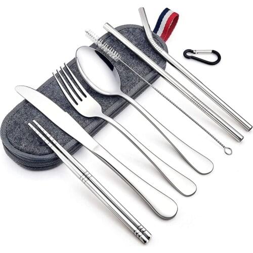 8-Piece Portable Travel Utensils Set with Gray Case, Stainless Steel Reusable Silverware Flatware Cutlery Set
