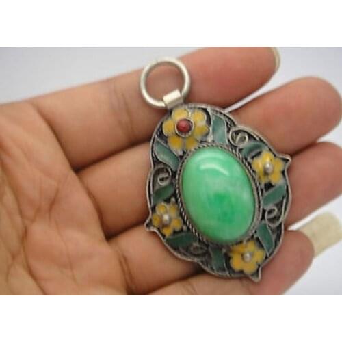 Beautiful Chinese Old Collectible Handwork Artificial Green Jade Cloisonne Flower Wonderful Statue Pendant