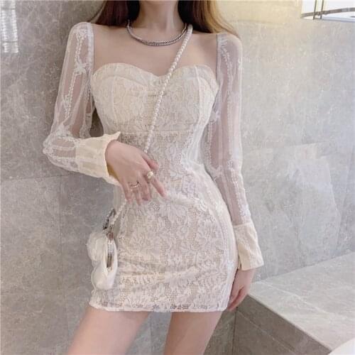 Sexy Lace Mini Square Collar Dress Zipper 2021 Spring Top French High-End Aristocratic Temperament Slim Female With Built-In Bra