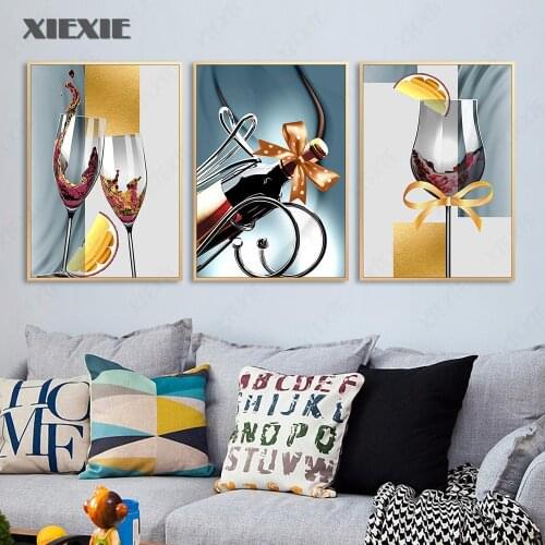 Golden Art Wine Glass Bottle Wall Art Canvas Painting for Living Room Home Decor Aesthetic Modern Kitchen Art Canvas Poster