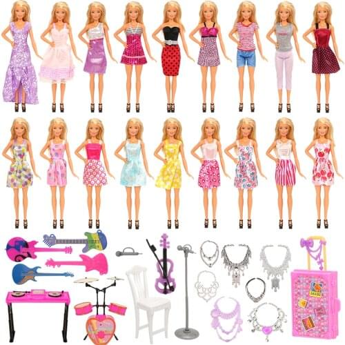 New Arrive Fashion 35 Items /lot Music Toys = 10 Music Toys + 18 Doll Clothes Dresses Skirt + 1 Trunk + 6 Accessories For Barbie
