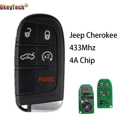 OkeyTech 433Mhz Remote Control Car Key For Jeep Dodge Cherokee Grand For Chrysler 4A Chip 5 Buttons With Panic Insert Blade