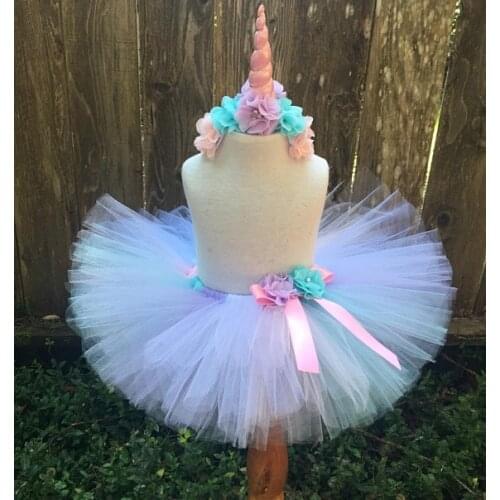 Girls Pastel Tutu Skirts Baby Unicorn Flower Skirt Tulle Pettiskirt with Dots Bow and Headband Kids Ballet Dance Tutus Cloth