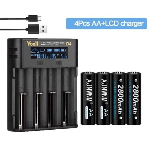AA Rechargeable Battery 2800Mah 1.2v Ni-Mh AA Battery with LCD Battery Charger for 3.7V Li-ion Battery 18650 26650 AA Battery