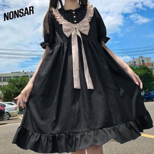 NONSAR Korean A-Line Dress Black And Red Color Bowknot Dress Female Summer New Short-Sleeved Dress Waist All-Match 2021