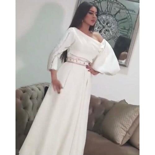 New Arrival One Shoulder Pleated Beading Long Sleeve Straight Floor Length Prom Dresses