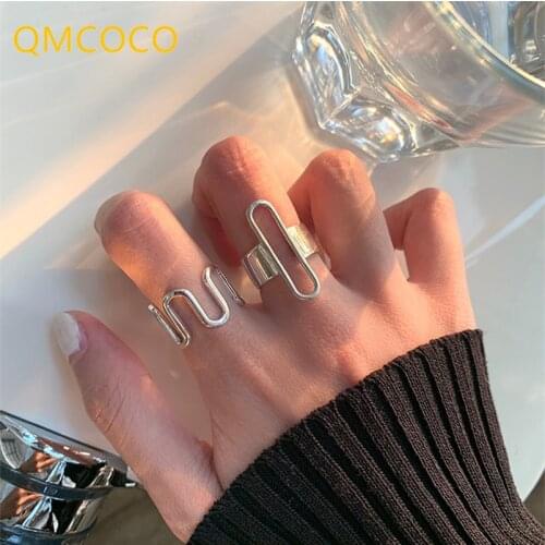 QMCOCO 925 Sterling Silver Rings For Women Line Wave Vintage Wedding Trendy Jewelry Large Adjustable Antique Rings