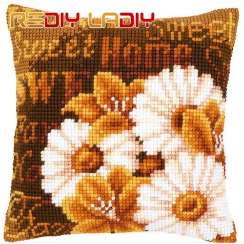 REDIY Cross Stitch Cushion Cover CREAM FLOWERS Decorative Pillow Case Yarn Cross-Stitch Kits Cushions Home Decor Throw Pillows