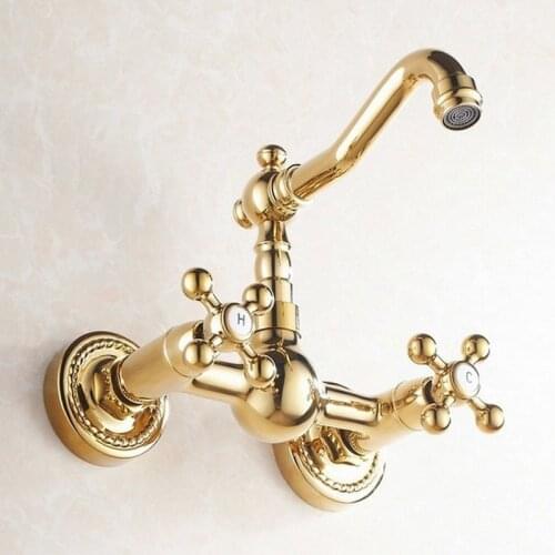 Luxury Gold Color Brass Wall Mounted Swivel Spout Bathroom Bath Tub Faucet Hot Cold Mixer Taps Two Cross Handles agf019