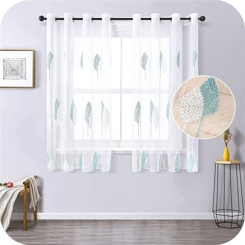 XUNTUO Modern Short Sheer Curtains for Living Room Bedroom Child Kids Room Print Leaves Tulle Kitchen Window Treatment Drapes