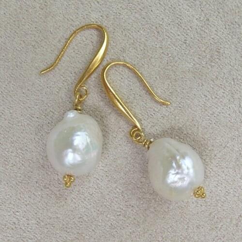 Gold Pearl Drop Earring White Dangle Genuine Freshwater Teardrop