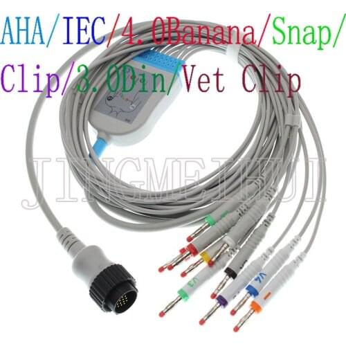 Compatible with KANZ PC-104/Cardioline ECG EKG 10-Lead cable with 3.0DIN/4.0Banana/Snap/Clip/Animal Vet Alligator clip leadwire