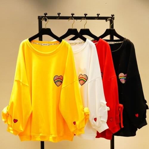 Spring and Autumn Korean Sweatshirt Loose Sleeve Oversized Hoodie Female Round-collar Loving Embroidered Bat Sleeve Color Top
