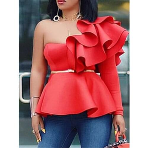 Women Blouse Tops Shirts One Shoulder Sexy Peplum Ruffles Slim Party Wear 2021 Summer New Fashion Elegant Ladies White Red Bluas