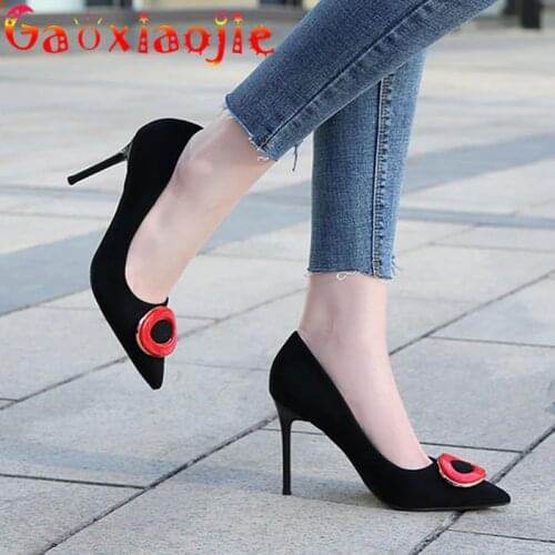 Womens Pumps Comfortable Everyday Pointed Toe Flock High Heels 2021 Fashion Round Decorative Button Office 9.5CM Stiletto Shoes
