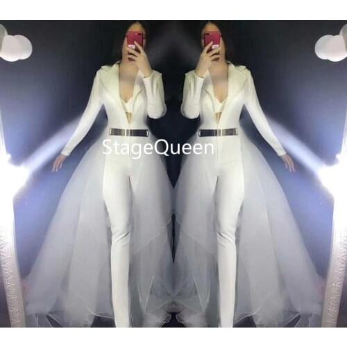 DS Long Sleeves Red White Jumpsuit Women Birthday Costume DS Dance Bodysuit Bra Mesh Tail Outfit Nightclub Singer Dance Outfit