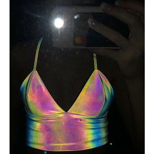 Women Sexy V Neck Holographic Bralette Crop Top Strap Reflective Fashion Camis Hot Summer Sleeveless Backless Tank Tops