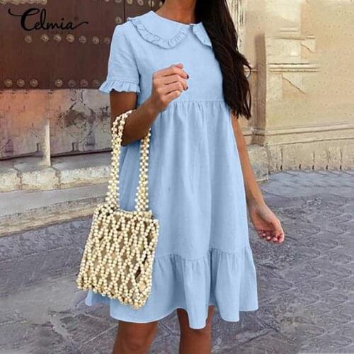 Celmia Bohemian Women Dress 2021 Fashion Peter Pan Collar Short Sleeve Solid A-line Mini Dresses Casual Ruffles Party Sundress