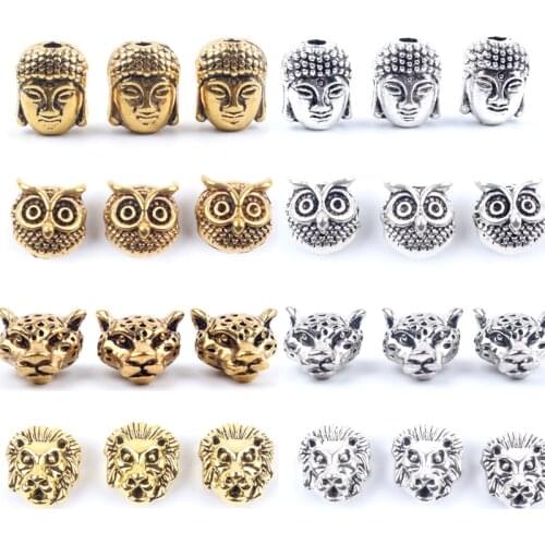 10pcs Antique Owl Lion Buddha Leopard Head Spacer Beads Charm DIY Bracelets Necklace Beads for Jewelry Making Accessories