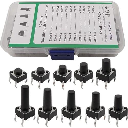 200Pcs/Box 6x6 Tactile Push Button Switch Assortment Kit 6*6 4 Pin DIP Micro Momentary Tact Switch ON/OFF Height 4.3mm-13mm
