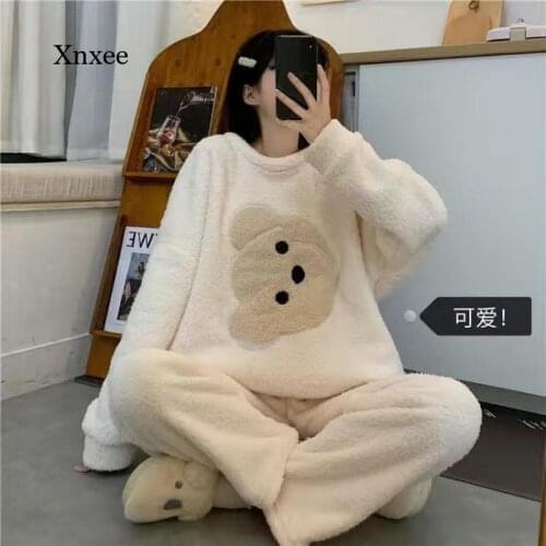2021 Ladies Autumn and Winter Pajamas Set Pajama Pants Set Pajamas Warm Flannel Female Cartoon Bear Animal Pajamas