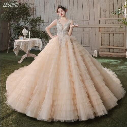 Luxurious Newest Ball Gown Wedding Dress V-Neck Neckline Sleeveless Beading Open-Back Long Marry Plus Sizes Bride Gown 2021