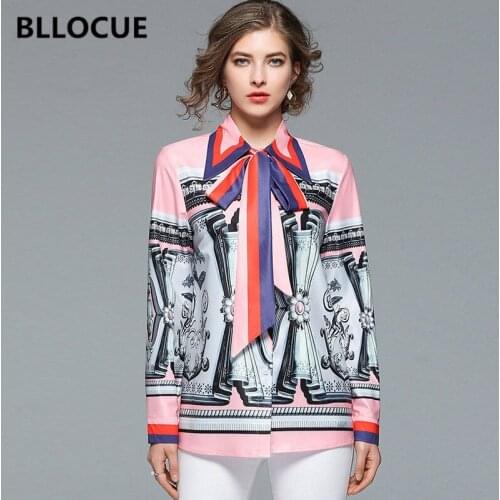 BLLOCUE Women Plus Size Blouse 2019 Summer Runway Long Sleeve Big Bowknot Turn Down Collar Vintage Print Casual Chiffon Top