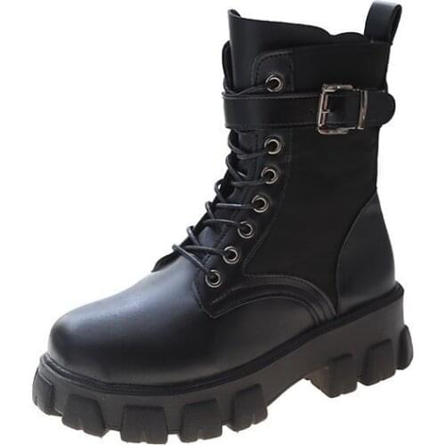 Black Platform Combat Ankle Boots For Women Lace Up Buckle Strap Woman Shoes Winter Biker Boots